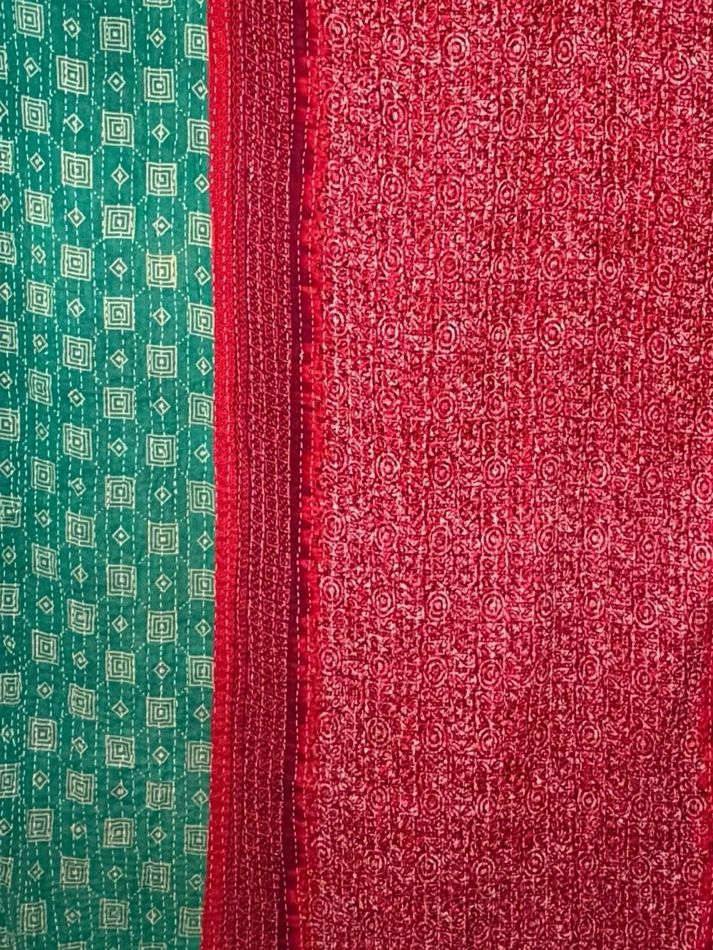 Vintage Handmade Printed Kantha Quilt India Sari Throw Blanket Twin 52x80